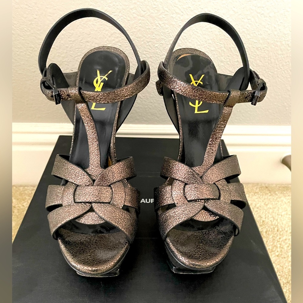 Saint Laurent Black Gunmetal Leather Tribute 105 Sandals